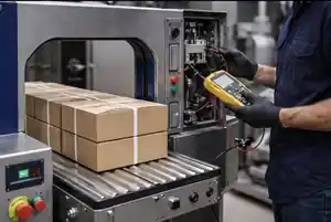 Industrial technician testing electrical controls on automated packaging equipment