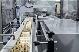Horizontal flow pack packaging line with conveyor and automated product handling